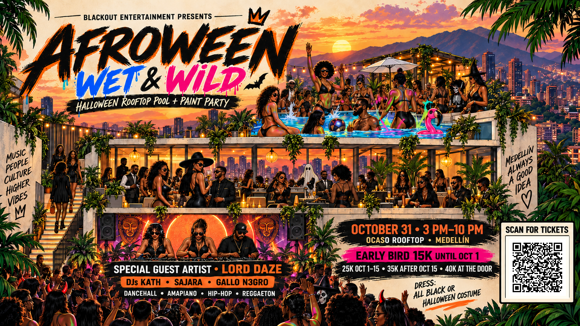 Illustrated AFROWEEN Wet and Wild Halloween rooftop pool and paint party flyer for Ocaso Rooftop Medellín